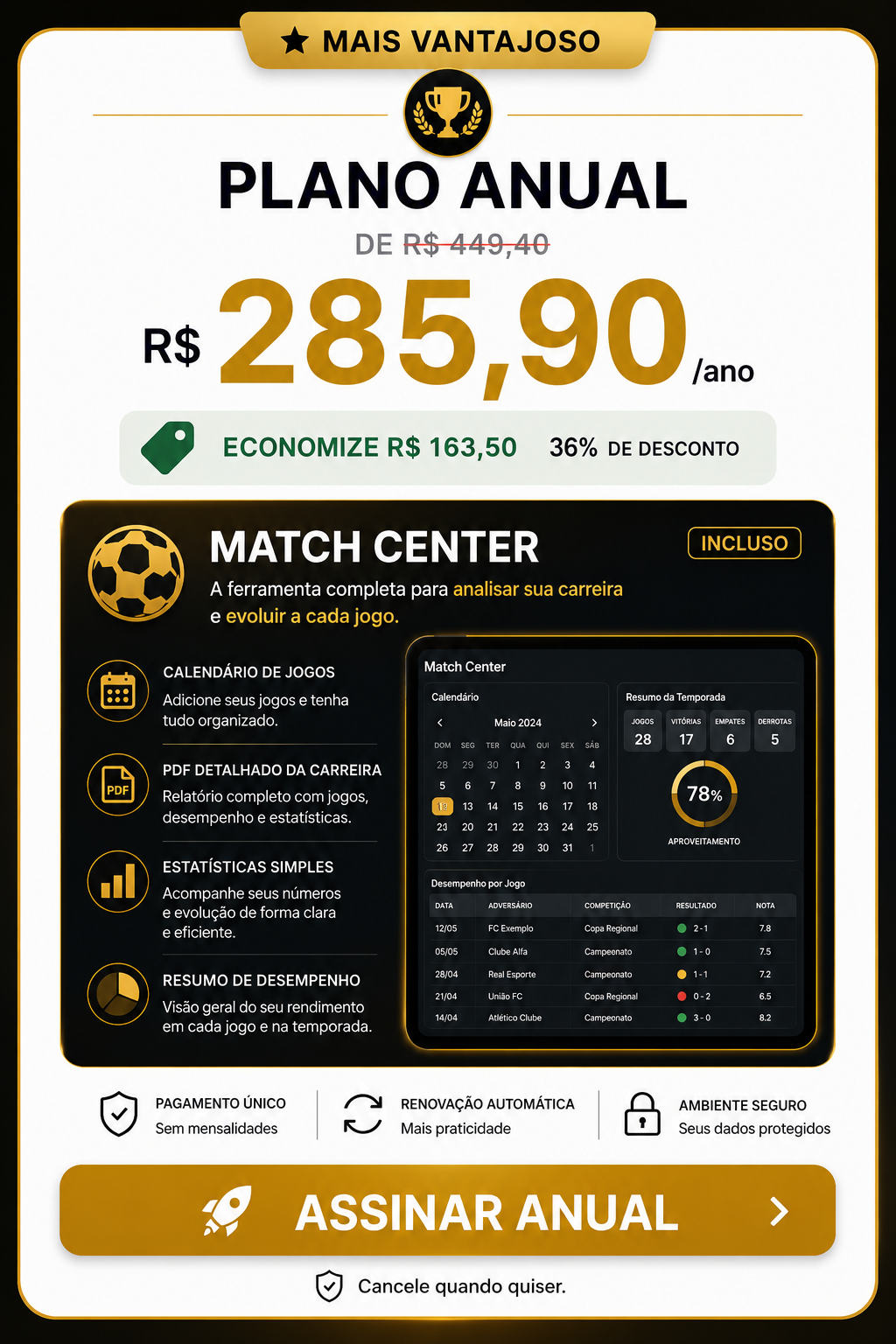 Plano Anual: R$ 285,90 por ano com Match Center incluso